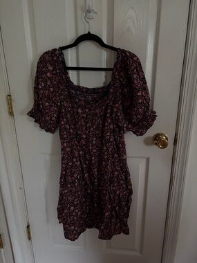 Old Navy Black and Pink Floral Puff-Sleeve Mini Dress